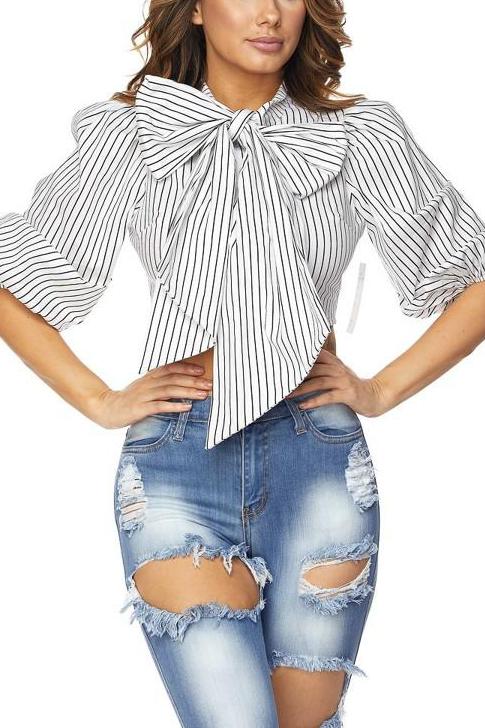 Striped Puffed Sleeve Bow Blouse