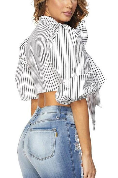 Striped Puffed Sleeve Bow Blouse