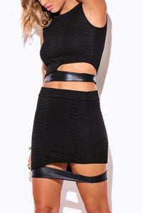 Fault-Leather Trim Asymmetrical Skirt Set
